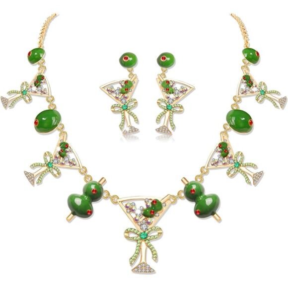 Olive Martini Cocktail Necklace & Earrings Set | Green Olives Jewelry for Women - Picture 3 of 9
